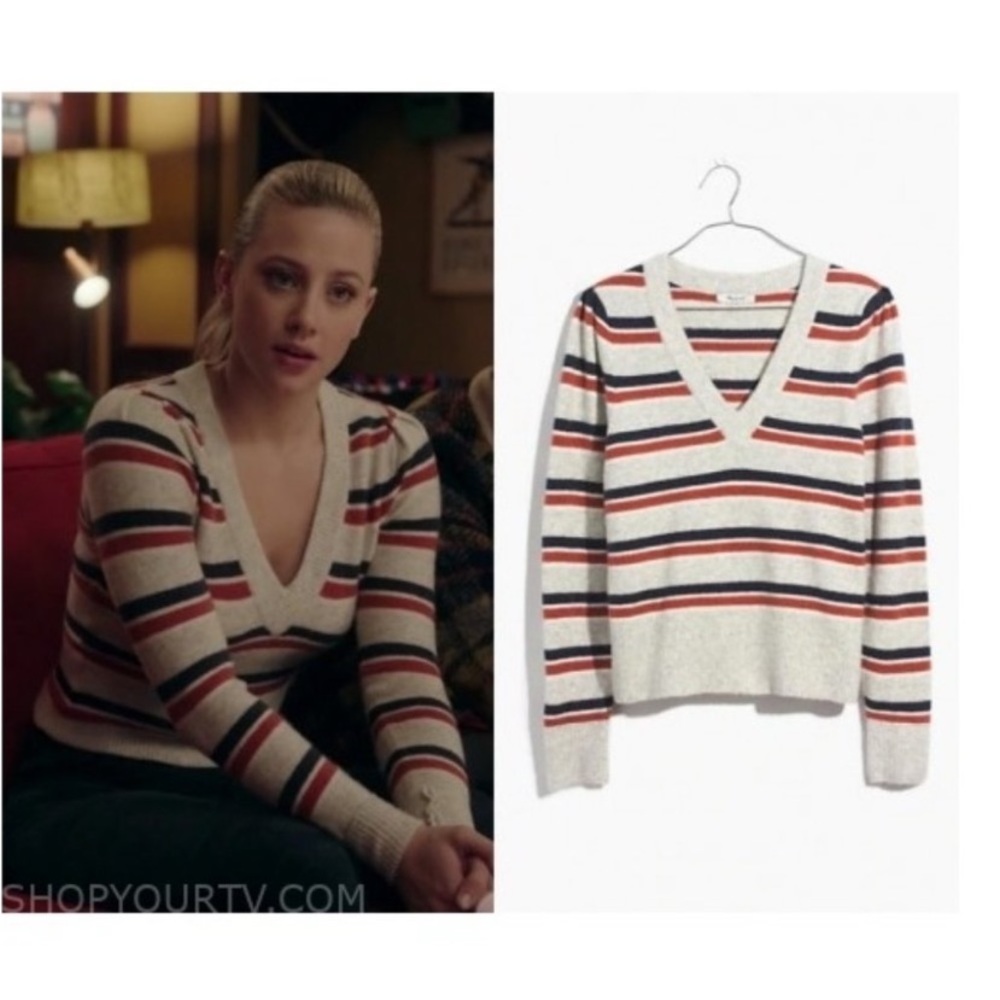 Madewell Wool Blend Marled Gray Striped Cropped V-Neck Sweater - Picture 3 of 16